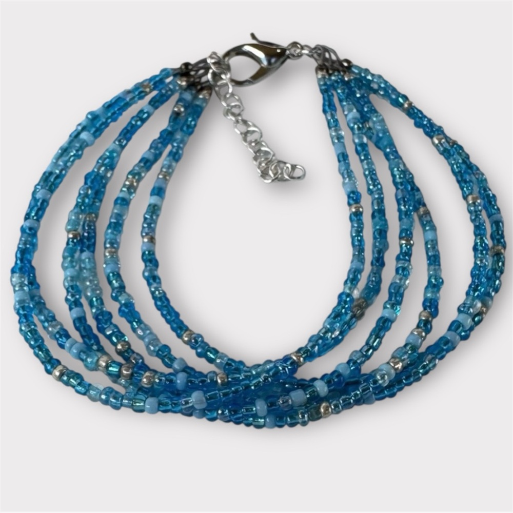 HAND CRAFTED BRACELET Ocean Blue Multi-Strand Czech Glass Beaded Delicate NWT - Picture 2 of 16